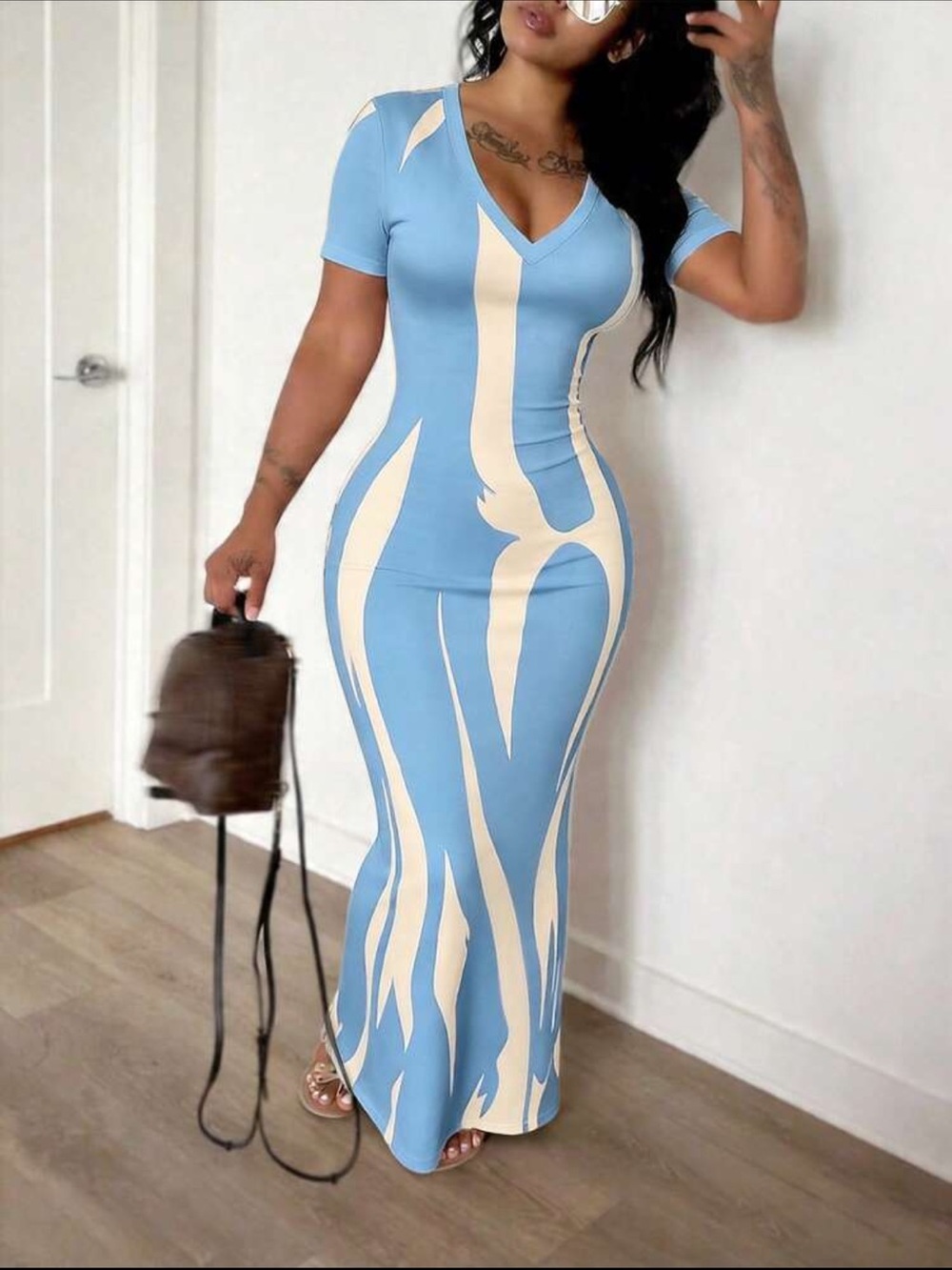 SHEIN Blue & Cream V‑Neck Bodycon Maxi Dress